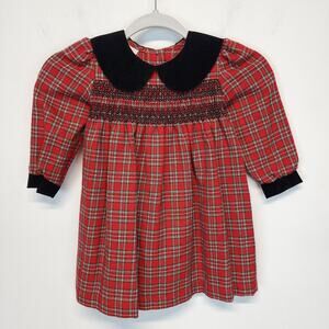 Vintage Bonnie Jean Red Plaid Christmas Dress Girls 3T Velvet Collar Smocked